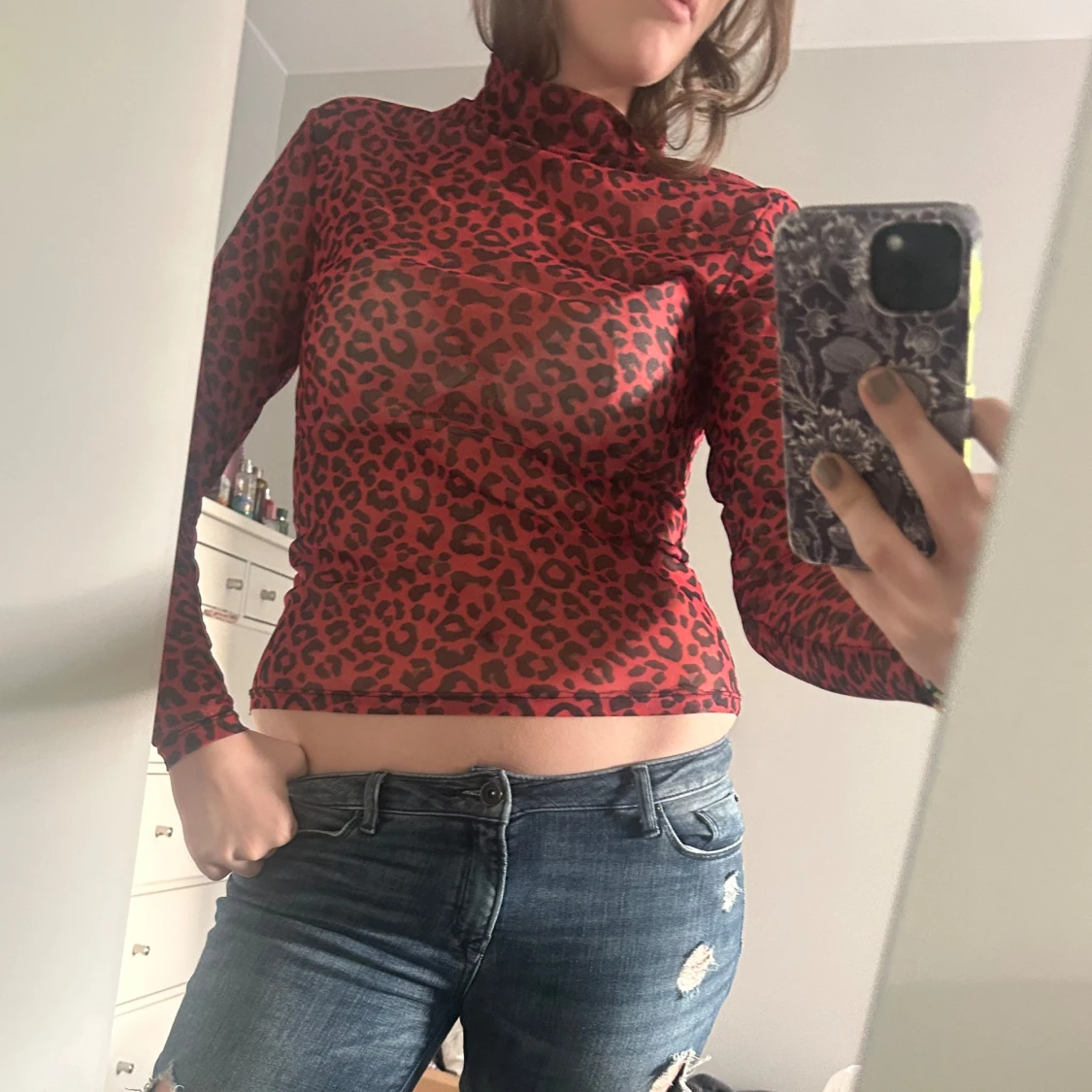 Röd leopard mesh top  - 90