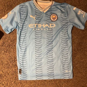 Ljusblå Manchester City fotbollströja - Säljer en ljusblå Manchester City fotbollströja från Puma med korta ärmar. Tröjan har ett subtilt randigt mönster och klubbens emblem på bröstet. Den har även 'Haaland' och nummer 9 tryckt på ryggen. Perfekt för fans av laget! Storlek 176 men kan passa mindre
