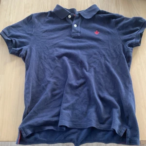 Blå pikétröja från Morris - Säljer en stilren blå pikétröja från Morris med en röd broderad detalj på bröstet. Tröjan har en klassisk krage och knappar framtill. Perfekt för en avslappnad men ändå snygg look.