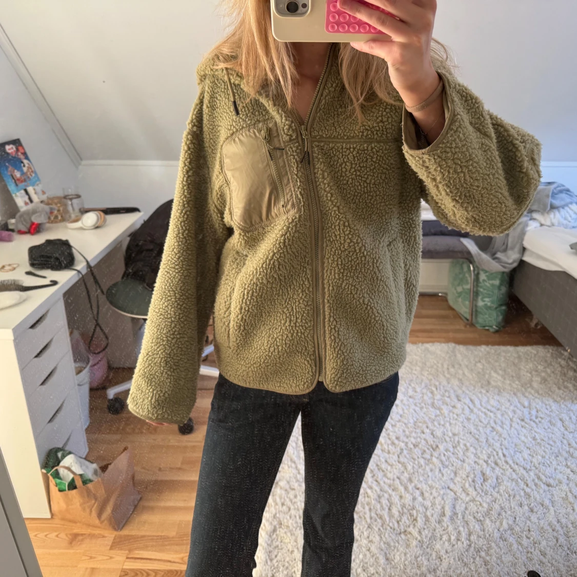 Grön teddyjacka med huva - 90