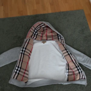 Grå huvtröja från Burberry - Säljer en stilren grå huvtröja från Burberry med klassiskt rutigt foder i huvan. Tröjan har dragkedja framtill och två fickor. Perfekt för en avslappnad look med en touch av lyx. Storlek S 