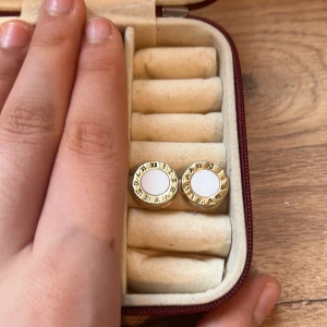 Guldörhängen med romerska siffror - Snygga guldörhängen med en vit mitt och romerska siffror runt kanten. Perfekta för att ge en elegant touch till din stil. Kommer i en praktisk förvaringsask.