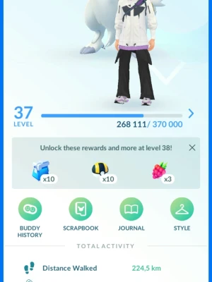 Pokémon GO digitalt spelkonto lvl 37 - Säljer ett Pokémon GO-konto på level 37 med flera unika Pokémon som Tauros, Graveler, Charmander och Dratini. Kontot har gått 224,5 km och har många belöningar kvar att låsa upp. Perfekt för dig som vill ta din Pokémon GO-resa till nästa nivå!