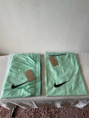 Nike Miller - Snyggt mintgrönt träningsset från Nike med t-shirt och shorts. Båda plaggen har den klassiska Nike-loggan i svart och silver. Perfekt för gymmet eller löprundan, tillverkade i lätt och ventilerande material för maximal komfort.