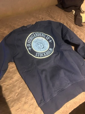 Blå Djurgårdens IF hoodie - Mörkblå hoodie med stort tryck på bröstet där det står 'Djurgårdens IF Stockholm' och en kronprydd figur i mitten. Klassisk passform med ribbade muddar vid ärmslut och nederkant. Perfekt för dig som vill representera ditt lag.
