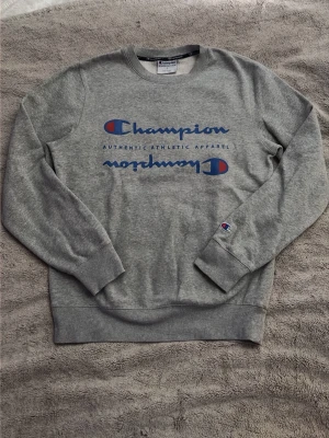 Grå sweatshirt från Champion - Snygg grå sweatshirt från Champion med blå och röd logga på bröstet och ärmen. Tröjan har rund halsringning, ribbade muddar och är tillverkad i mjukt bomullsmaterial. Perfekt för en avslappnad och sportig stil.