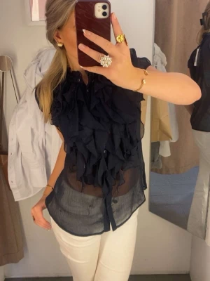 Svart transparent blus med volanger - Snygg svart blus i transparent material med stora volanger framtill. Blusen har korta ärmar och knäppning framtill. Perfekt för dig som vill ha en statement piece i garderoben. Materialet känns lätt och luftigt.