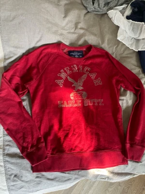 Röd sweatshirt från American Eagle - Röd sweatshirt med tryck av American Eagle Outfitters och en örn på bröstet. Tröjan har rund halsringning och långa ärmar. Perfekt för en avslappnad stil.