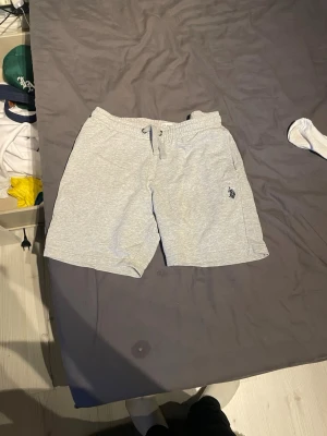Grå mjukisshorts med snörning - Snygga grå mjukisshorts med snörning i midjan och broderad logga på benet. Perfekta för chill dagar eller träning. Sköna och lätta att matcha med en hoodie eller t-shirt.