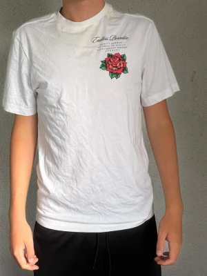 Vit t-shirt med ros-tryck - Säljer en vit t-shirt med ett snyggt tryck av en röd ros och texten 'Endless Paradise' på bröstet. T-shirten har klassisk passform och korta ärmar. Perfekt till jeans eller shorts för en clean och stilren look. Liten fläck på men syns knappt 