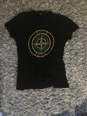 Svart Stone Island t-shirt med tryck - Svart t-shirt från Stone Island med stort ikoniskt kompass-tryck i gult och grönt på bröstet. Klassisk rund hals och korta ärmar. Perfekt för dig som gillar streetwear och vill sticka ut med en snygg logga. Svarar snabbt vid frågor 