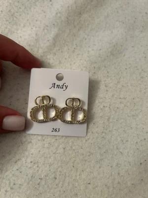Guldiga örhängen med strassdetaljer - Säljer ett par guldiga örhängen i metall med glittrande strassdetaljer. Örhängena har en oval form med dubbla cirklar och gnistrar snyggt i ljuset. Perfekta för dig som vill ha något extra till din look.