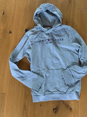 Grå hoodie från Tommy Hilfiger - Säljer en stilren grå hoodie från Tommy Hilfiger med broderad logga och text på bröstet. Hoodien har huva, ribbade muddar och en klassisk känguruficka framtill. Perfekt för dig som gillar att hänga med i dagens mode.