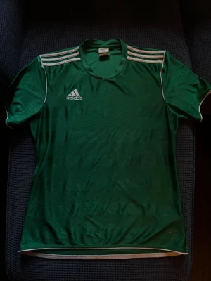 Grön Adidas sporttröja - Snygg grön sporttröja från Adidas med vita detaljer och klassiska tre ränder på axlarna. Tillverkad i ett lätt och snabbtorkande material, perfekt för träning eller match. Rund halsringning och korta ärmar ger en bekväm passform.