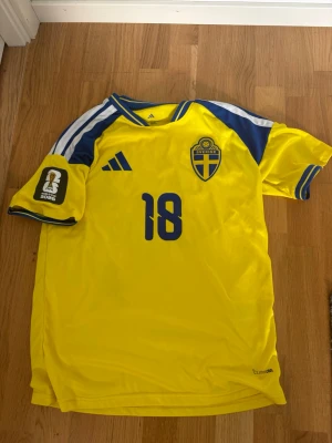 Svensk landslagströja nummer 18 - Gul och blå fotbollströja från svenska landslaget med nummer 18 och namnet Ayari på ryggen. Tröjan har blå detaljer på axlar och ärmar, samt officiellt landslagsmärke på bröstet och FIFA World Cup 2006-märke på ärmen. Perfekt för dig som älskar fotboll och vill stötta Sverige!
