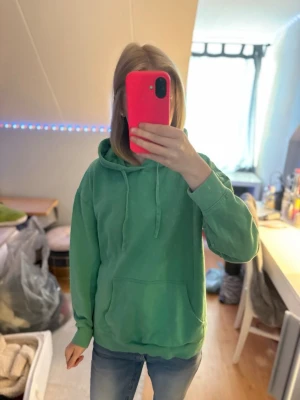 Grön hoodie med huva och ficka - Säljer min grön hoodie med klassisk huva och dragsnören. Hoodien har en stor magficka framtill och ribbade muddar. Tyvärr har den en svart fläck som syns tydligt på sista bilden, något jag inte fått bort men inget man tänker på. Den är i storlek L men passar som M. (Pris diskuteras gärna)