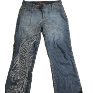 Lågmidjade jeans med broderi! - Såååååå snygga och unika nästan oanvända byxor! Köptes på humana! Älskar