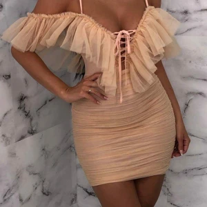  Nude Mesh Organza Ruffle Bodycon Mini Dress - Never worn bodycon dress, tag still on. Good fit & adjustable shoulder bands.