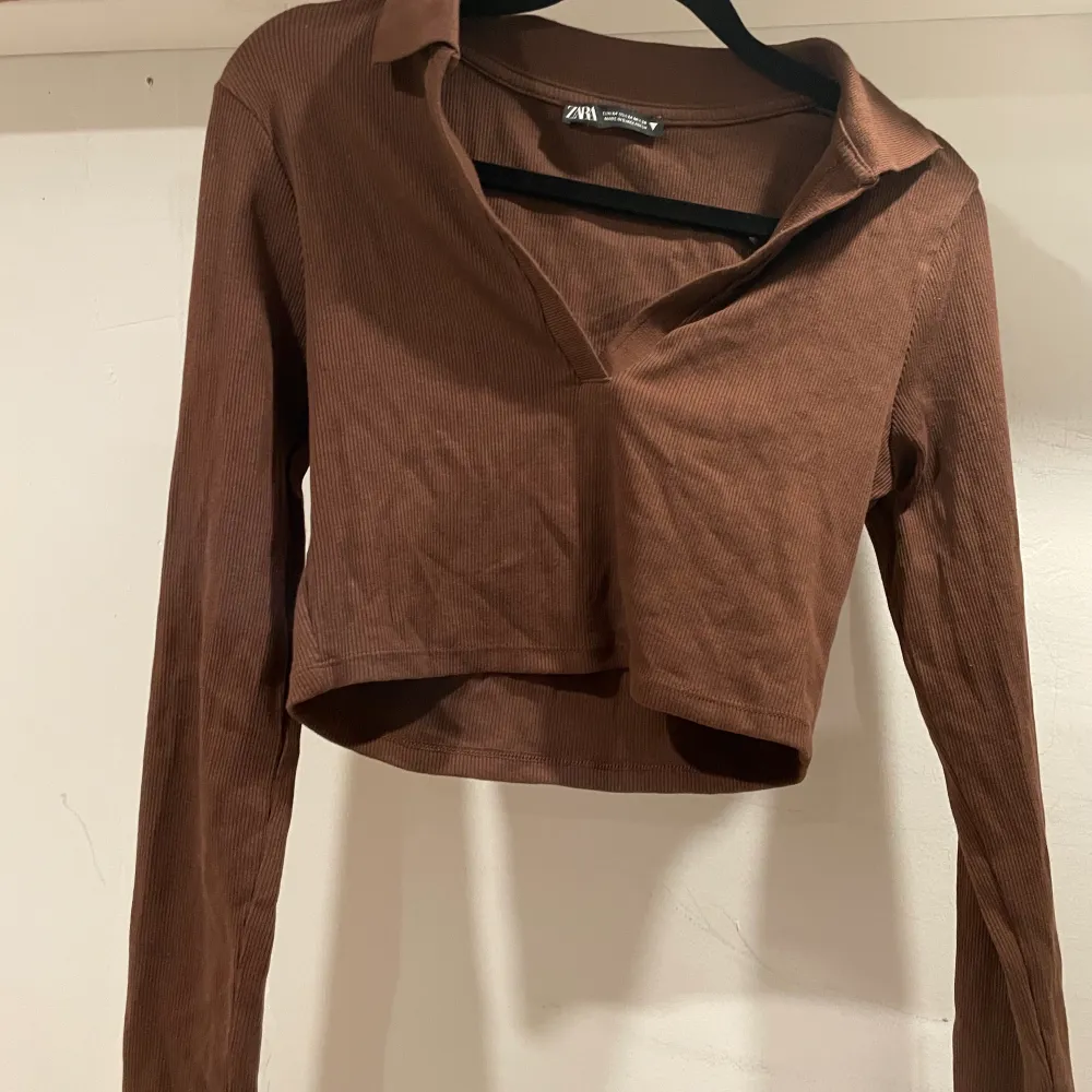 Croppad, långärmad brun tröja med snygg v-ringning från zara, aldrig använd!. T-shirts.
