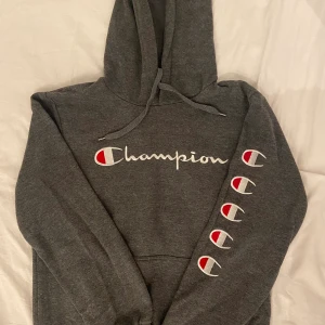 Champion Hoodie  - Säljer en mörkgrå Champion hoodie med coolt tryck på både framsidan och ärmen. 
