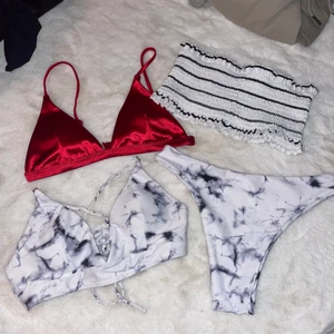Bikini - Marmor är såld!! Den röda och randiga är använda men i ny skick, inga defekter alls. Marmor bikinin är använd en gång och tvättad efter men sen har den endast luggit i lådan.            en överdel för 60kr+frakt