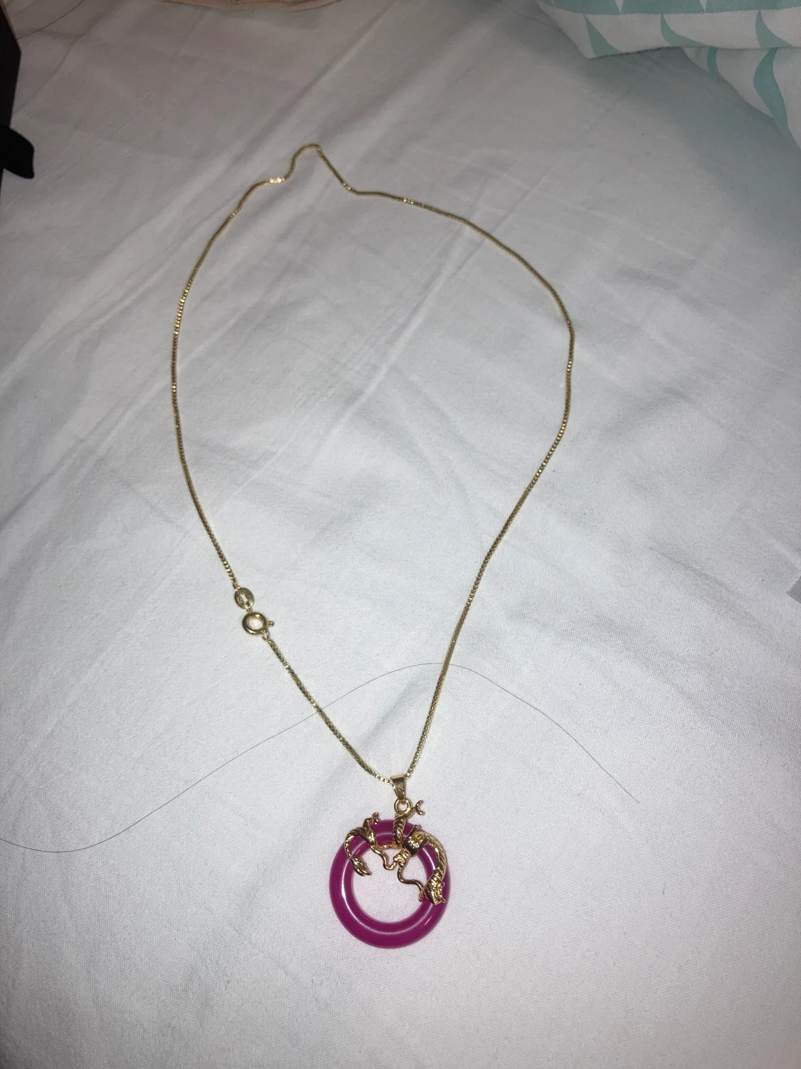 dragon pink jade gold plated necklace