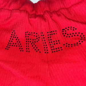 röda pyjamasshorts med texten ”aries” (alltså vädur) på rumpan ❤️‍🔥 aldrig använda så i nyskick, passar mig som vanligtvis är storlek S & men de är stretchiga så även medium!