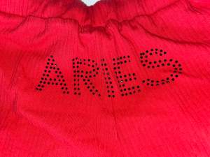 röda pyjamasshorts med texten ”aries” (alltså vädur) på rumpan ❤️‍🔥 aldrig använda så i nyskick, passar mig som vanligtvis är storlek S & men de är stretchiga så även medium!