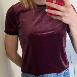  - Vinröd t-shirt i sammet från BikBok. Storlek XS men passar även S :) Modellen är avklippt längst ner😊