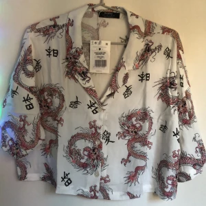 bersha skjorta - kort croppad vit skjorta från bershka med drakar på!!! köpt på zalando förra hösten aldrig använd förutom på bilden. den är i storlek S och är rätt true to size. nypris 199kr. aldrig använd förutom för bilden
