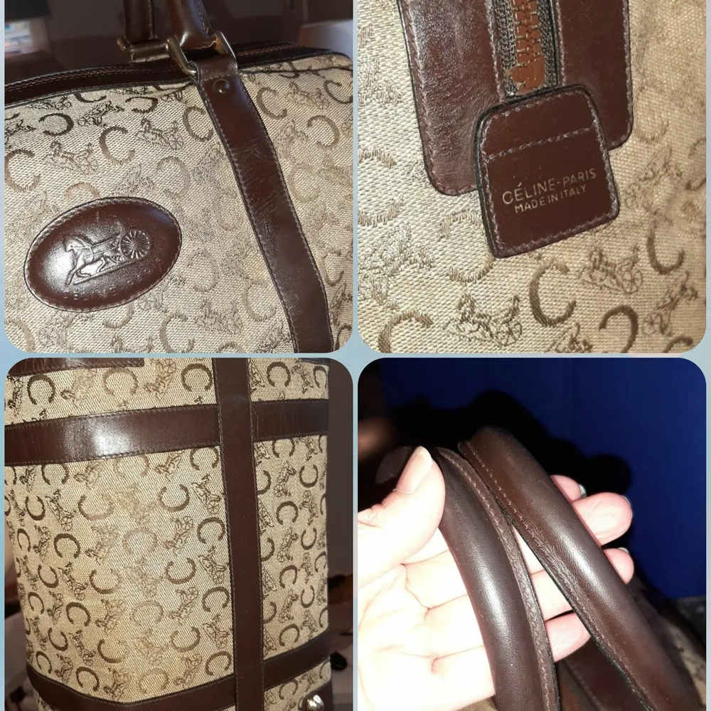 Äkta👜💯% CELINE Vintage, Boston logo brown canvas bag with handles and leather finishes of the same color. Zipper that works perfectly, brown canvas . Accessoarer.