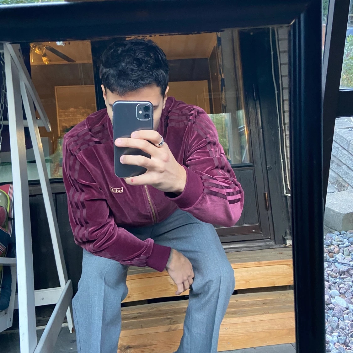 Adidas kofta i velour och gråa retro kostymbyxor - 90