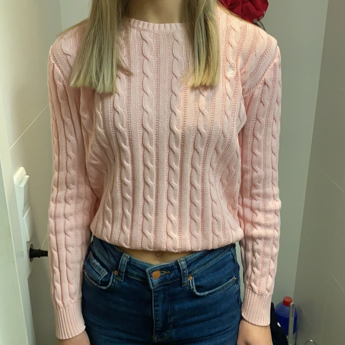 Ljusrosa stickad Ralph Lauren tröja i strl XS - 90