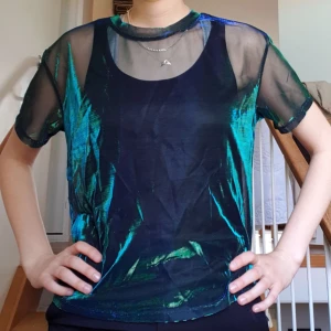  - Oanvänd kortärmad topp från H&M i strlk Small. Svart mesh med skimrande trådar i grönt och blått. Plagget är nyköpt och prislappen är kvar. Perfekt partyoutfit! 🥳  På första bilden har jag ett svart linne under - det ingår inte utan tröjan är genomskinlig.  Möts upp i Sthlm eller fraktar. Svarar gärna på frågor om plagget. 