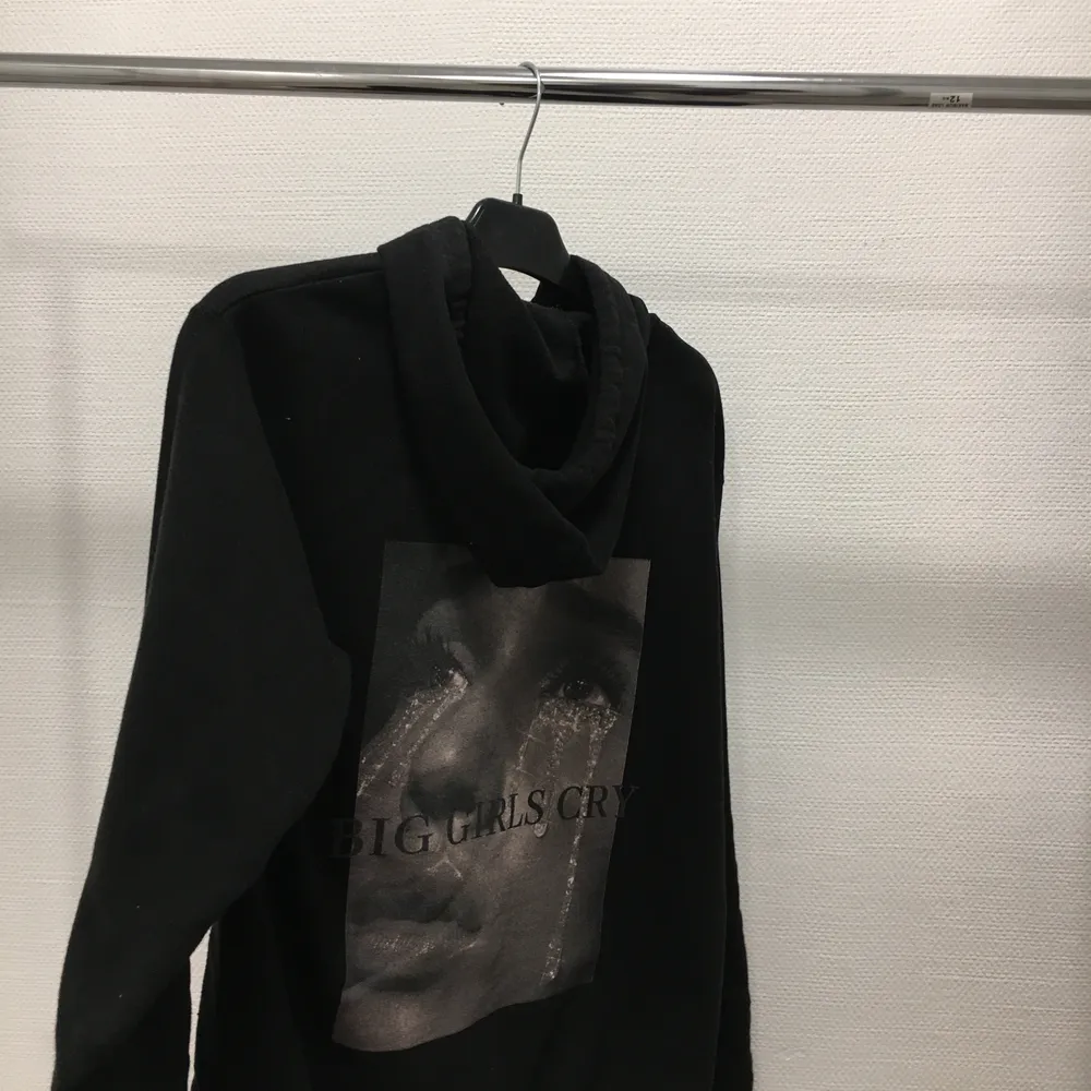 Svart hoodie från Femme Sweden, fick den i ett pressutskick men tyvärr i fel storlek! Skitskön, asnajs material! Har haft den både till fest och till vardags! Snyggt tryck på baksidan också!🤍🦋✨. Tröjor & Koftor.