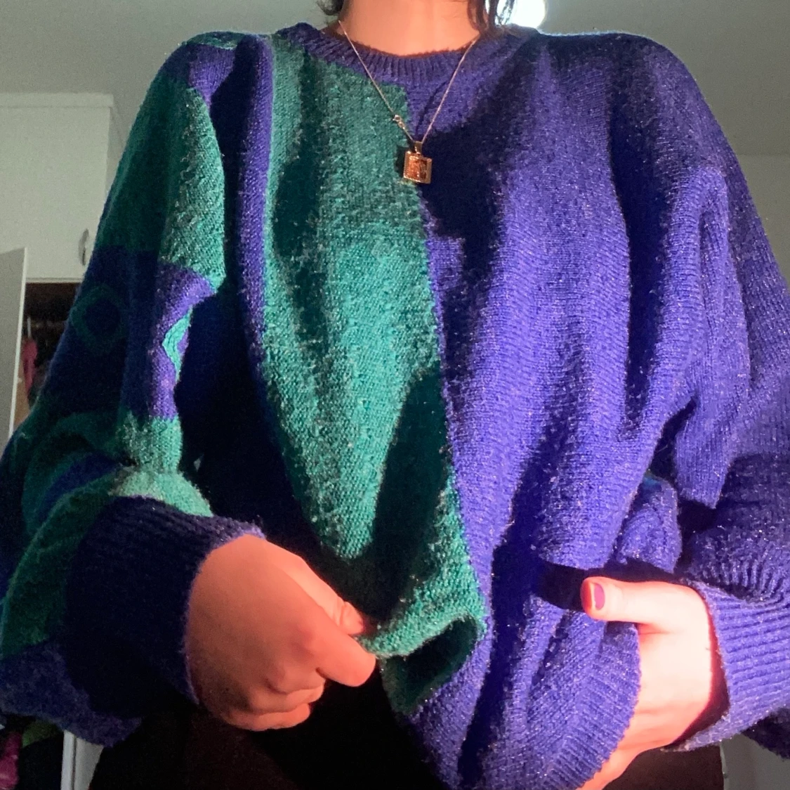 Blå grön tröja st L - 91