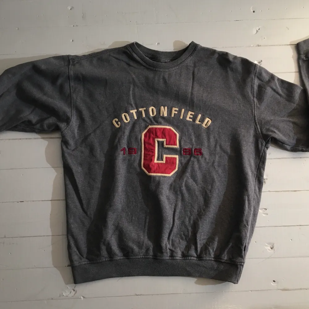 Säljer denna gråa collegetröja från Cottonfield, storlek L. Snyggt tryck på framsidan😄. Tröjor & Koftor.
