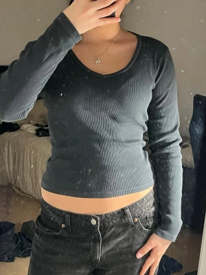 Saber  långärmad topp brandy melville  - Säljer en svart ribbad långärmad topp med v-ringning. Toppen är figurnära och har en croppad passform som visar lite av magen. Perfekt att styla med jeans eller kjol för en chill look.