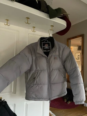Pufferjacka från Dickies - Säljer en grå/lilac pufferjacka från Dickies i storlek small. Jackan har en hög krage, två sidofickor med knapp, Dickies-logga på bröstet och dragkedja framtill. Materialet är syntet och jackan har långa ärmar med resår vid handlederna. Perfekt för kalla dagar. Pytteliten fläck som syns på tredje bilden men går mest troligt att få bort. 