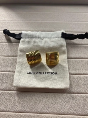 Guldiga örhängen från Muli collection - Superfina lite större örhängen från Muli collection. Dessa heter ’ribbed earrings’ på hemsidan. Nypris 599 kr. Går att bära både ’liggande’ och ’stående’. Örhängena är 18k guld pläterad mässing och har en längd på 2 cm samt en bredd på 1,8 cm. Helt nya oanvända.