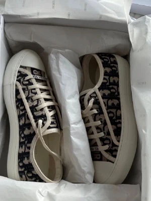 Dior sneakers  - Skorna är slitna men fortfarande användbara då de mest är smutsiga (har inte provat rengöra de) så går säkert bort. Hål över sulan så går att använda utan problem, alla defekter och skick visas i bilderna. FÖRSTA BILD LÅNAD! 🥰