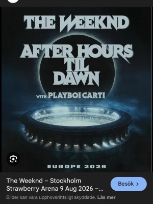 The Weeknd konsertbiljett 2026 - Säljer en biljett till The Weeknds After Hours Til Dawn-turné med Playboi Carti på Strawberry Arena i Stockholm, 9 augusti 2026. Perfekt för dig som vill uppleva en grym konsert och se två stora artister live under deras Europaturné. Säljs för samma pris den köptes.