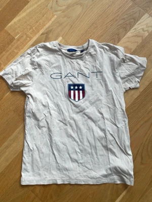 Beige t-shirt med tryck från GANT - Beige t-shirt från GANT med stort tryck framtill och klassisk rund hals. T-shirten har korta ärmar och ett stilrent emblem med stjärnor och ränder på bröstet. Perfekt för en avslappnad och sportig look.