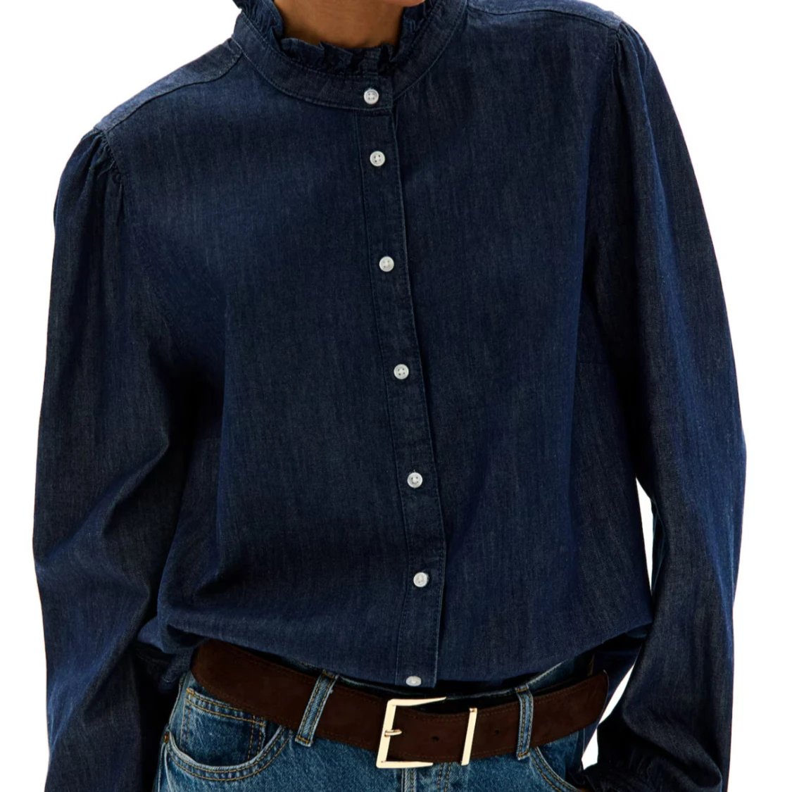 Mörkblå volangskjorta i denim - 1