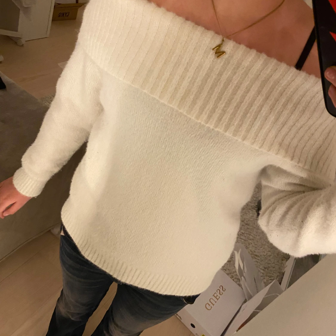 Offshoulder vit stickad tröja Lindex - 4