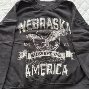 Svart sweatshirt Nebraska  - Cool svart sweatshirt från H&M Divided med stort Nebraska-tryck och örn på framsidan. Tröjan har rund hals, ribbade muddar och är i mjuk bomullsmix. Perfekt för dig som gillar amerikansk college-stil och vill ha en avslappnad look.