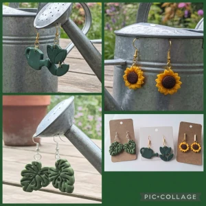 3 par handgjorda örhängen i Polymerclay "Trädgård" - Unika örhängen i polymerlera med tre olika motiv: solrosor i gult och brunt, gröna monstera-blad och gröna vattenkannor med växt. Alla har snygga detaljer och hängs på krokar i guld- eller silverfärg. Perfekt för dig som älskar natur och färg!Allergivänligt ❤️