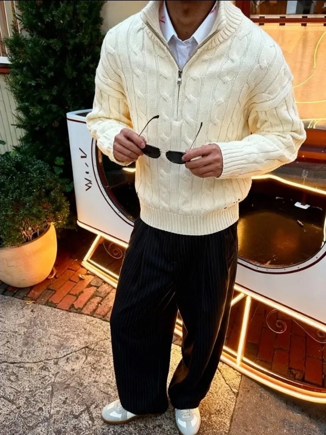 Vit kabelstickad halvzip tröja - 1