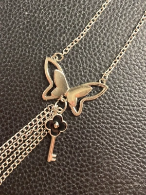 Silverfärgat halsband - Unikt halsband i silverfärgad metall med en fjärilsberlock och en liten nyckelberlock. Flera tunna kedjor hänger från fjärilen och ger ett coolt och lekfullt intryck. Perfekt accessoar för dig som gillar detaljer och symbolik.
