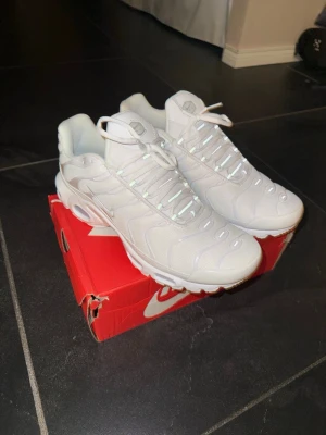 Nike Air Max Plus All White strl 46 - Nike Air Max Plus i helvitt med snygga vågade detaljer och reflekterande snören. Skorna har en chunky sula med synlig Air-enhet och är tillverkade i syntetmaterial och mesh för en clean och modern look. Perfekta för dig som vill sticka ut med stilrena sneakers.